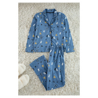 Trendyol Blue 100% Cotton Patterned Knitted Pajama Set