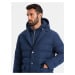 Men's long quilted jacket with lapels and lining - dark blue V1 OM-JALJ-0177