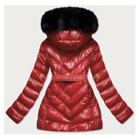 Lesklá zimní bunda ve vínové bordó barvě s mechovitou kožešinou (W673) MHM