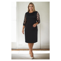 97062 Dewberry Polka Dot Flocked on Sleeves Plus Size Dress-BLACK