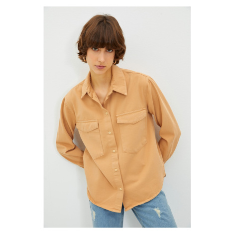 Trendyol Camel Pocket Detailed Oversize Denim Shirt