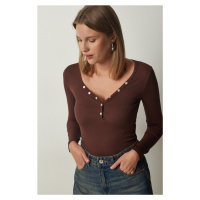 Happiness İstanbul Women's Brown Buttoned Collar Ribbed Crop Knitted Blouse