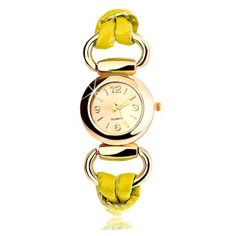 Náramkové hodinky, řemínek ze žlutého latexu, kulatý ciferník zlaté barvy Šperky eshop