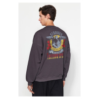 Trendyol Anthracite Oversize/Wide Cut Crew Neck Rock Printed Fleece Inside Sweatshirt