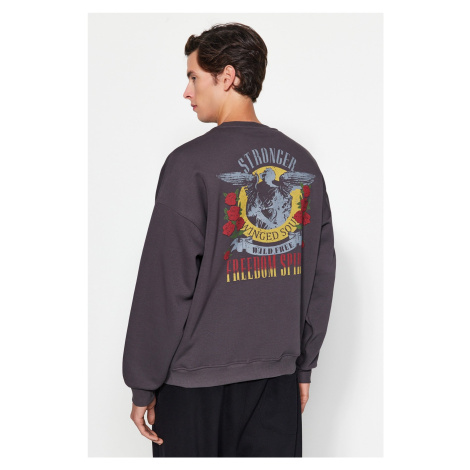 Trendyol Anthracite Oversize/Wide-Fit Crew Neck Rock Printed Fleece Sweatshirt