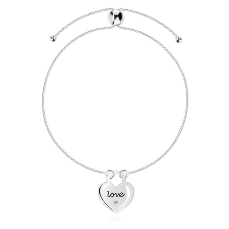 Stříbrný náramek 925 na kotník - čirý diamant, srdce, nápis LOVE Šperky eshop