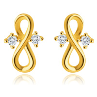 Diamantové náušnice ve žlutém 14K zlatě - symbol nekonečna, čiré brilianty
