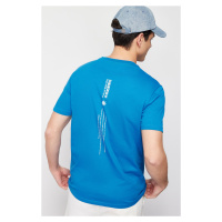 Trendyol Modré Regular/Regular Fit Tričko s potiskem textu a výšivkou, 100% bavlna, krátký rukáv