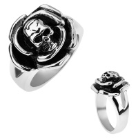 Patinovaný ocelový prsten, růže s lebkou uprostřed, rozdvojená ramena