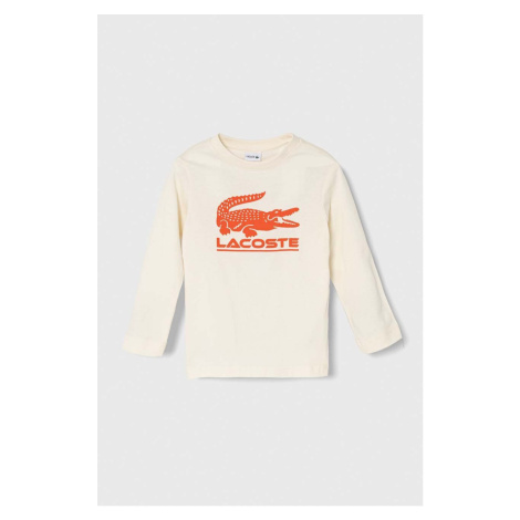 Dětské bavlněné tričko s dlouhým rukávem Lacoste béžová barva, s potiskem