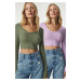 Happiness İstanbul Women's Khaki Lilac V-Neck 2-Pack Crop Top