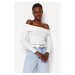 Trendyol Ecru Knitwear Look Carmen Collar Fitted/Skinned Crop Knitted Blouse
