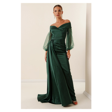 By Saygı Madonna Collar Lined Organza Sleeves Crepe Satin Long Dress Emerald