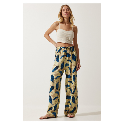 Happiness İstanbul Women's Yellow Navy Blue High Waist Summer Wide Viscose Trousers