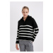 DEFACTO Women's Oversize Fit Wide Pattern Striped Half Zipper Stand Collar Knitwear Sweater