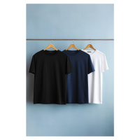 Trendyol Navy Blue-Black-White Basic Slim 100% Cotton 3-Pack T-Shirt