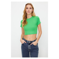 Trendyol Premium Green Viscose/Soft Fabric Crop Crew Neck Stretchy Knitted Blouse