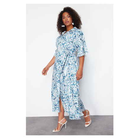 Trendyol Curve White-Blue Shally Woven Plus Size Dress