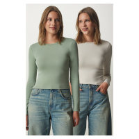 Happiness İstanbul Women's Almond Green Stone Crew Neck Wraparound 2-Pack Knitted Blouse