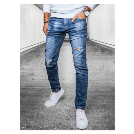 Modré děrované džínové kalhoty Denim vzor BASIC