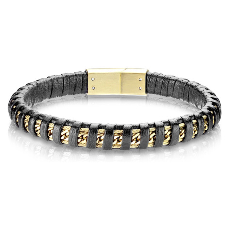 Černý kožený náramek - uprostřed ozdobený řetízkem a drátky ve zlaté barvě - Délka: 220 mm Šperky eshop