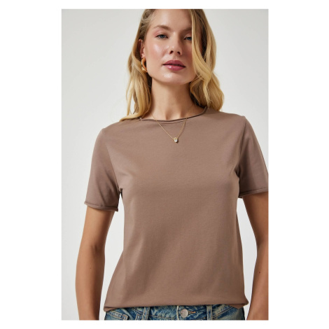 Happiness İstanbul Women Mink Crew Neck Basic Knitted T-Shirt