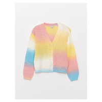 LC Waikiki Girls' V-Neck Color Block Long Sleeve Knitwear Cardigan