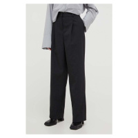 Kalhoty s příměsí vlny Herskind Theis šedá barva, střih chinos, high waist