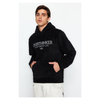 Trendyol Men's Black Regular/Normal Fit Hooded Text Printed Warm Thick Fleece/Plush Sweatshirt