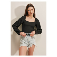 Bigdart 0465 Balloon Sleeve Knitted Blouse - Black