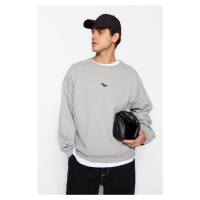 Trendyol Grey Crew Neck Oversize/Wide Cut Fleece Inside/Warm Dinosaur Embroidery Sweatshirt