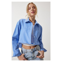 Happiness İstanbul Women's Sky Blue Blouse Detailed Crop Shirt