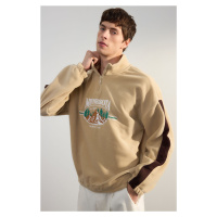 Trendyol Stone Unisex Oversize/Wide Cut Stand Collar City Embroidery Anti-pilling Fleece Sweatsh