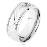 Prsten z chirurgické oceli stříbrné barvy, šikmé a vodorovné rýhy