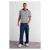 Trendyol Black Relaxed/Casual Cut Striped Textured Short Sleeve Ankle Polo Neck T-Shirt