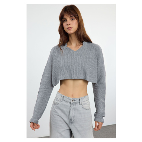 Trendyol Light Gray Super Crop Long Sleeve Knitted Look Blouse