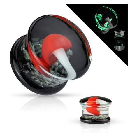 Plug do ucha, sklo Pyrex - zalitá bílá houba s červeným kloboučkem, svítící ve tmě - Tloušťka :  Šperky eshop