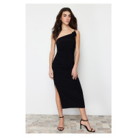 Trendyol Black Accessory Rose Detailed Gathered Body Fitted Flexible Knitted Midi Pencil Dress