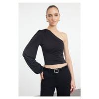 Trendyol Black Single Sleeve Gathered/Draped Fitted Crop/Short Stretchy Knitted Blouse