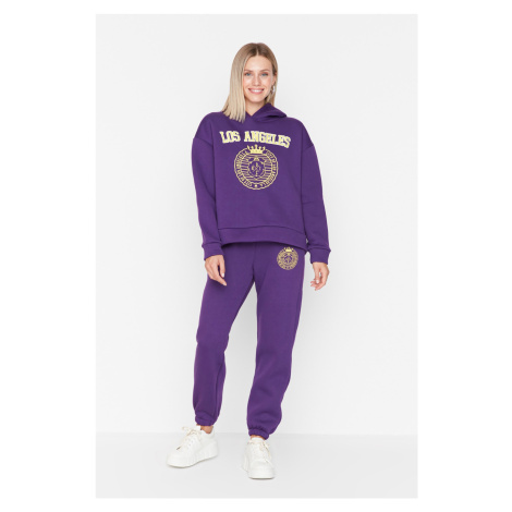 Trendyol Purple Loose Jogger Printed Knitted Sweatpants with Fleece Inside
