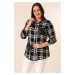 By Saygı Large Checkered Plus Size Shirt With Leather Detail Double Pockets With Metal Buttons a