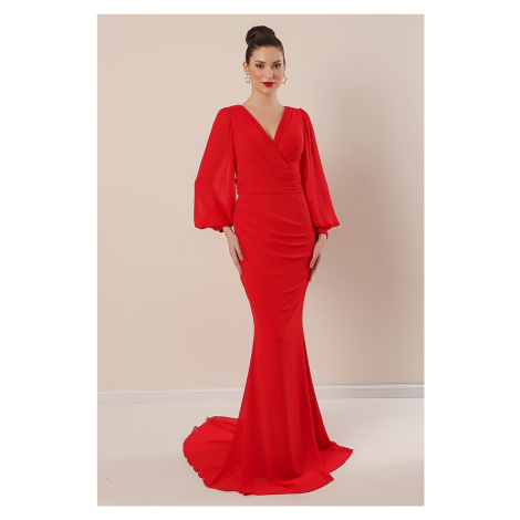 By Saygı Dvouřadý límec vpředu nabírané lemované dlouhé šifonové šaty červená