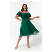 Lafaba Women's Emerald Green Straps, Flare Cut Midi Plus Size Evening Dress.