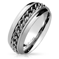 Ocelový prsten ve stříbrné barvě - lesklé propletené články, drobné zářezy, 8 mm