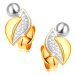 Zlaté 14K náušnice - dvoubarevný list s hladkou a gravírovanou částí, bílá perla