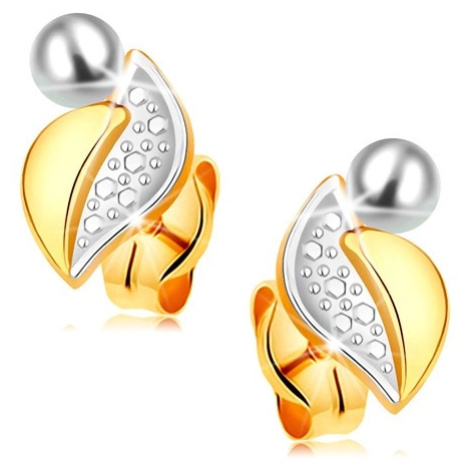 Zlaté 14K náušnice - dvoubarevný list s hladkou a gravírovanou částí, bílá perla Šperky eshop
