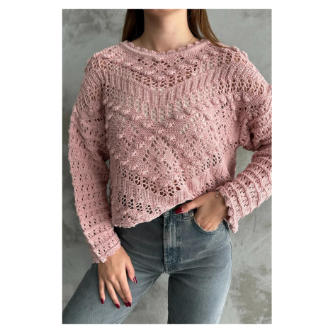 69491 Dewberry Patterned Openwork Knitwear Womens Sweater-POWDER