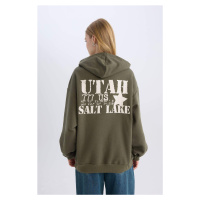 DEFACTO Women's Khaki Coool Oversize Fit Wide Pattern Hooded Back Printed Thick Sweatshirt