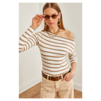 Olalook Women's Beige Striped Premium Soft Touch Boat Neck Stretchy Blouse