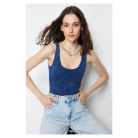 Trendyol Navy Blue Weathered/Faded Effect Cotton Stretchy Pool Neck Knitted Bodysuit